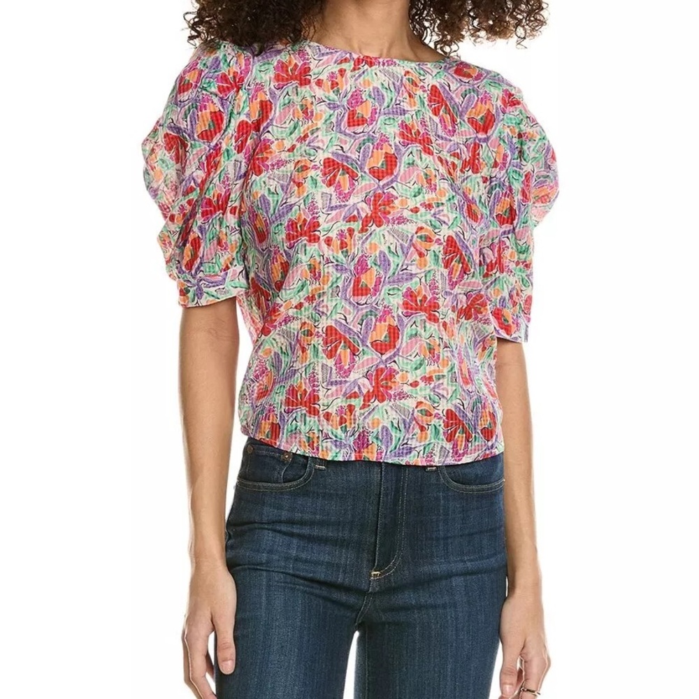 BA&SH Amael Floral Multicolor Print Puff Sleeve Blouse Ecru Women's Size XS